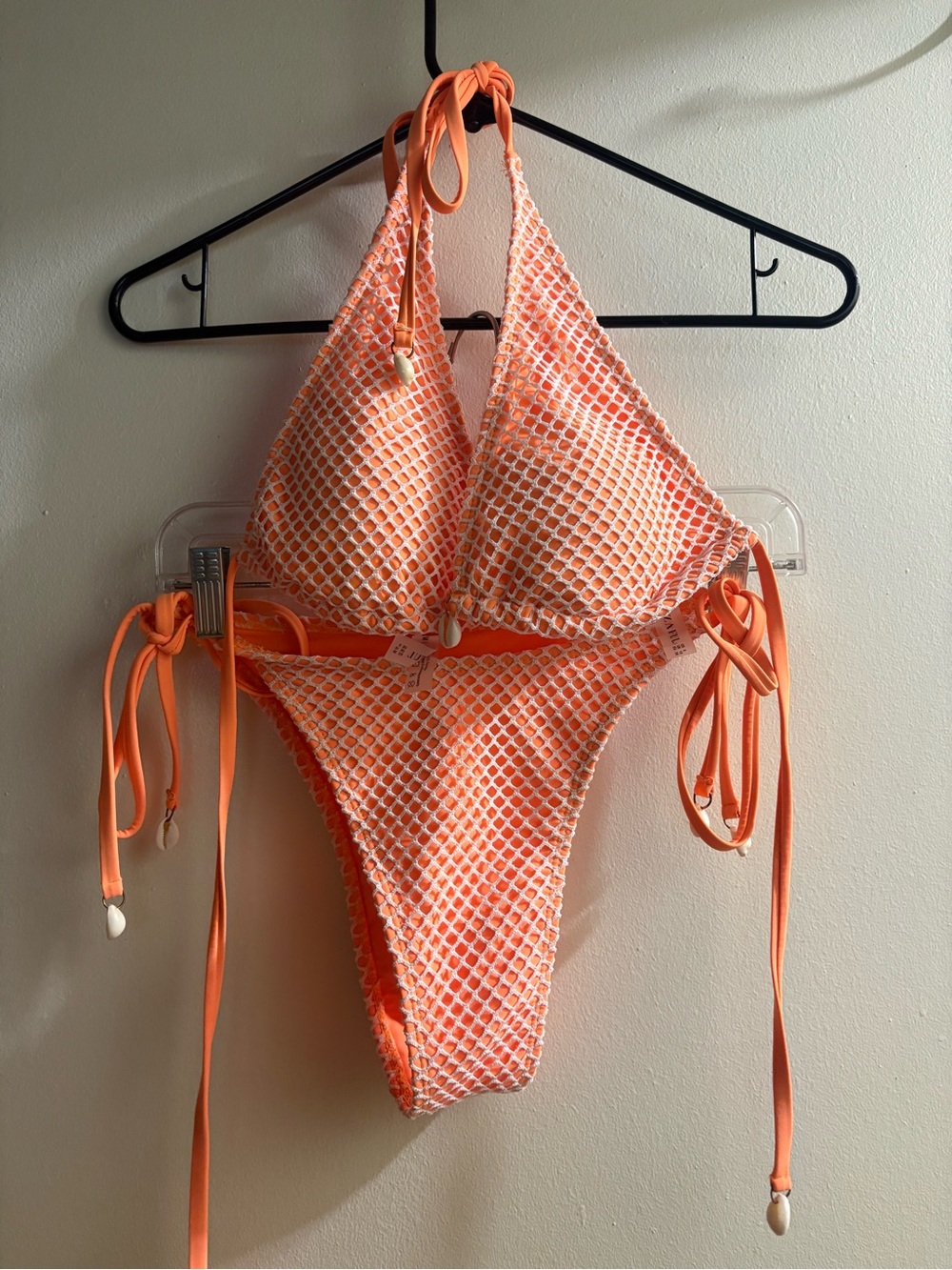 ZAFUL Matching  Contrast Fishnet Tie Halter Bandeau Shell Tie Bikini - Orange L
